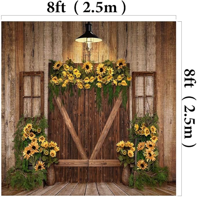 Kate Rustic Wooden Barn Door Backdrop 8x8ft Vintage Sunflower Garland Photography Background Country Style Shabby Chic Wall for Birthday Party Baby Shower Wedding Photo Booth Props