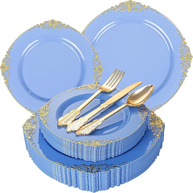 125PCS Blue and Gold Plastic Plates - Airy Blue Disposable Plate - Gorgeous Plates with Gold Plastic Silverware Sets for 25 Guests for Party & Wedding & Spring