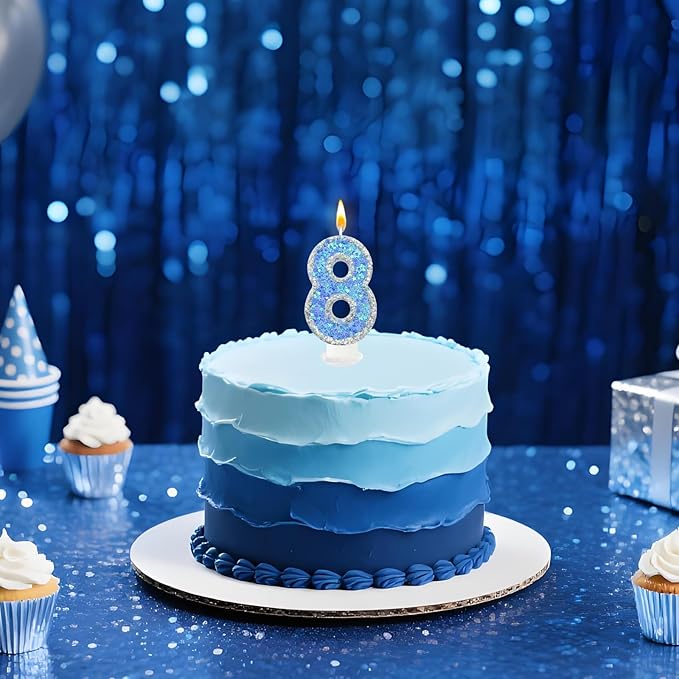 Blue Star Number 8 Candle for Cake Decoration, Glitter Star Cake Topper, Shaker Style Number Candle for Anniversary Celebration Party Supplies