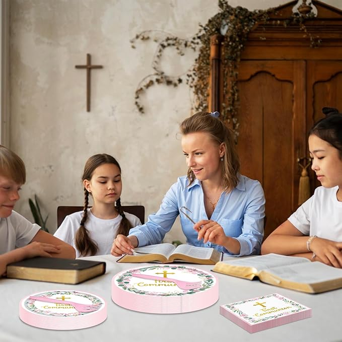 96 Pieces First Communion Floral Tableware Set – Pink Floral Cross Disposable Plates, Napkins for First Communion Party, Christening, Baptism, and Religious Celebrations – Serves 24 Guests
