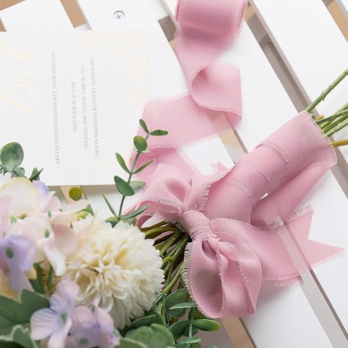 Dusty Rose Chiffon Ribbon 1.5" x 21 Yd Handmade Silk Fringe Chiffon Fabric Ribbon for Gift Wrapping Wedding Invitation Bridal Flower Bouquet DIY Crafts Home Decor