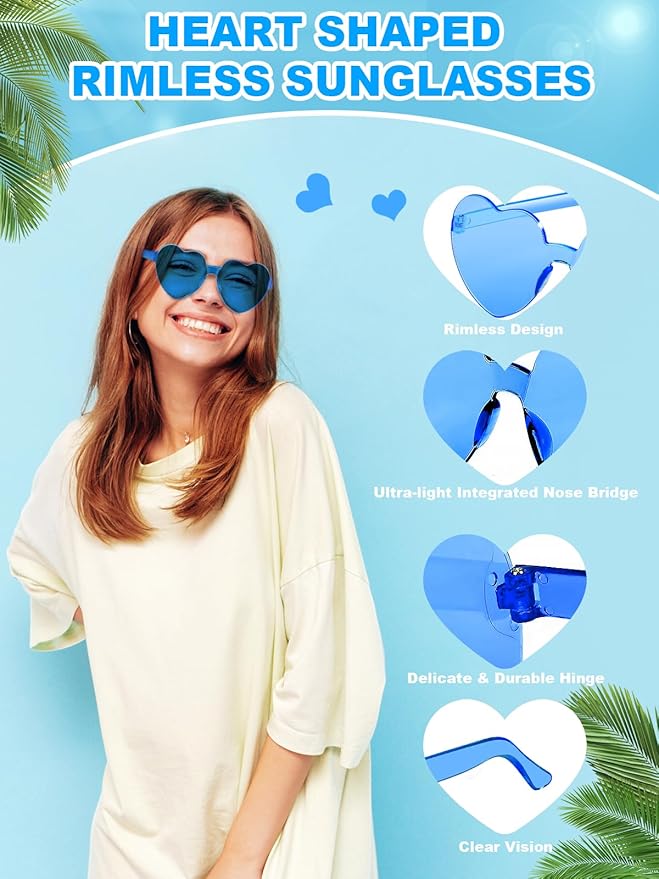 Heart Shaped Sunglasses for Women Colorful Glasses Fun Trendy Transparent Heart Sunglasses Party Favor (1 Pair-Blue)