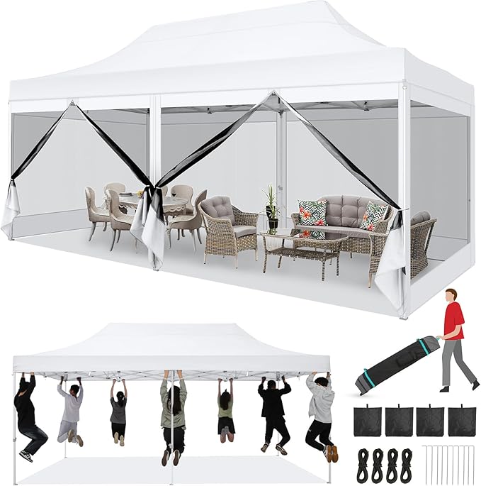 COBIZI 10x20 Heavy Duty Pop Up Canopy Tent with 6 Sidewalls, Easy Set Up Outdoor Waterproof Screen Commercial Party Tent with Mosquito Netting for Parties Backyard Patio, Roller Bag, White