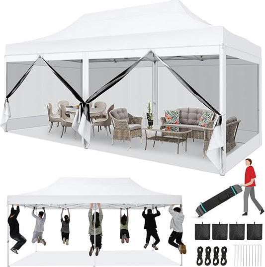 COBIZI 10x20 Heavy Duty Pop Up Canopy Tent with 6 Sidewalls, Easy Set Up Outdoor Waterproof Screen Commercial Party Tent with Mosquito Netting for Parties Backyard Patio, Roller Bag, White