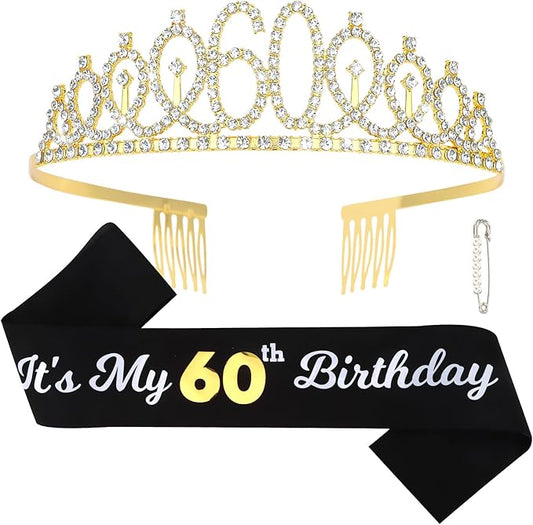 CAVETEE Gold Birthday Crown and Tiara for Women, Sash for Girls - Birthday Party Decoration