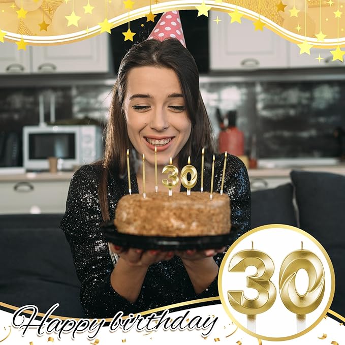Mtlee Gold 30th Birthday Candles Set for Cakes Including Thin Metallic and Number Birthday Candles for Anniversary Celebration Party Topper Decorations Men Women