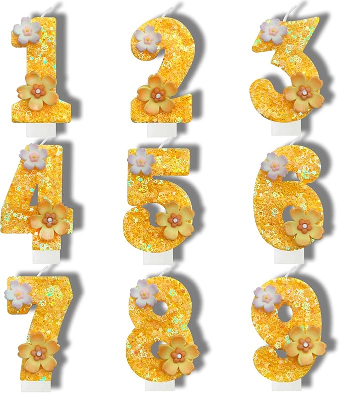 Yellow Birthday Candle, Flower Number Birthday Candles for Cake, Ideal Birthday Parties Cake Decor, Wedding Anniversary and Other Celebrations (9 Candle, Yellow)