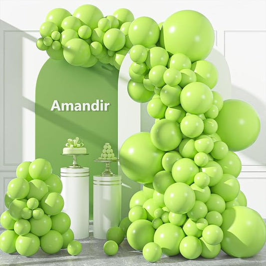 Amandir 153pcs Lime Green Balloons Arch Garland Kit Different Sizes 18 12 10 5 Inch Light Fruit Neon Green Latex Balloon for Birthday Dinosaur Jungle Golf Football Theme Party Decorations