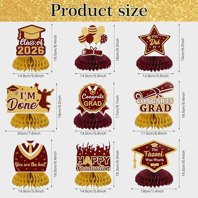 Graduation Decorations Class of 2026 Honeycomb Centerpieces, 9PCS Graduation Centerpieces for Tables, Congrats Grad Table Toppers for 2026 Law Nursing Police Doctoral Graduation Party Decor (Red Gold)