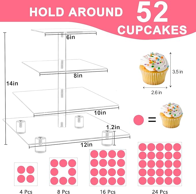 weddingwish Acrylic Cupcake Stand, 4 Tier Square Cupcake Display Stand with Base, Clear Cupcake Tower for Dessert Table,Wedding, Party, Baby Shower