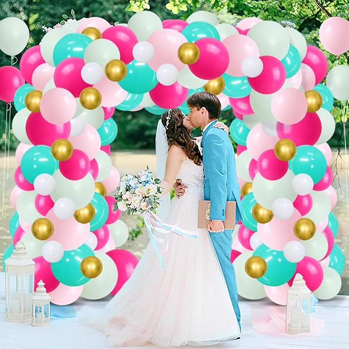 Teal Blue Rose Red Pink Green Balloon Garland Arch Kit - Pastel Green Teal Blue Hot Pink Gold Balloons for Anniversary Birthday Baby Shower Wedding Tea Party Decorations