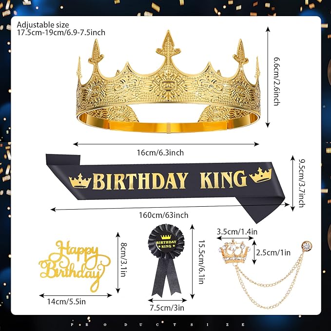 Junkin 5 Pieces Birthday Man Accessories Include King Crown King Sash Tinplate Badge Pin Brooch Hanging Chain Crown for Man Birthday Party(Fresh Style,Large)