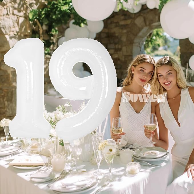 SUWEN 40 Inch White Large 19 Number Balloons Big Foil Helium Number Balloons 0-9 Giant Jumbo Happy 19th Birthday Party Decorations for Boy or Girl Huge Mylar 91 Anniversary Party Supplies