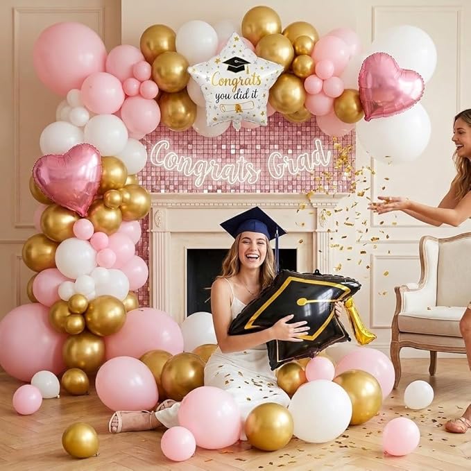 132PCS 2026 Pink Gold White Graduation Balloon Arch Kit Garland Decoration with Heart Star Graduation Cap Foil Balloons for Class of 2026 Girl Grad Party Prom Backdrop Decor