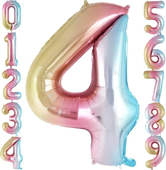 Rainbow Gradient Number 4 Balloon, 40 Inch Big Large Foil Number Balloons, Jumbo Mylar Number 4 Balloons for 4 Year Old Birthday Party Decorations Supplies Anniversary Celebration