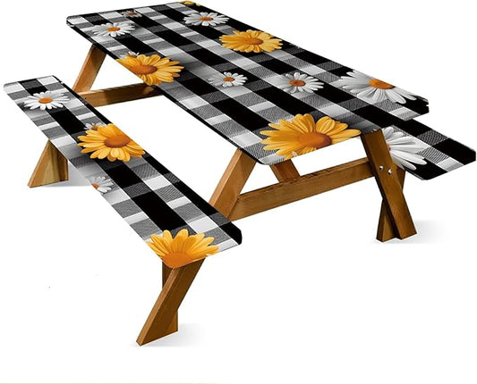 ANNA QUEEN 6FT Sunflower Picnic Table Cover Set 3PCS 72"x30", Waterproof Outdoor Bench and Tablecloth Furniture Protection for Camping Beach BBQ Patio Backyard (Small Flowers)