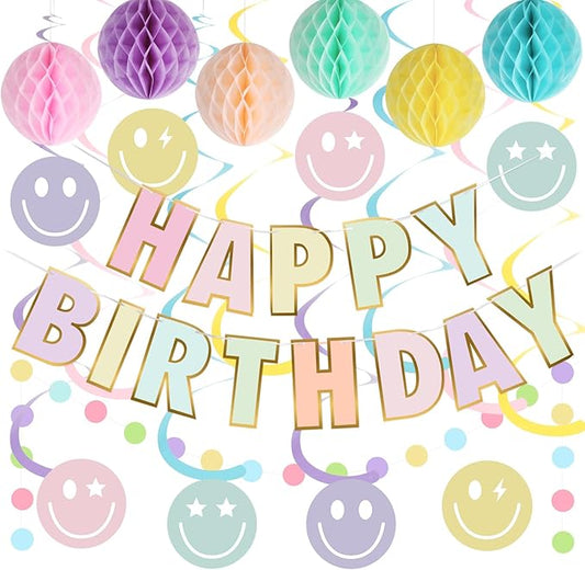 YEOCU Birthday Decorations, NO DIY, Pre-Strung Happy Birthday Banner with Honeycomb Balls, Hanging Swirls, Circle Dots Garland, Happy Birthday Party Decorations for Women Men Boys Girls (Pastel)