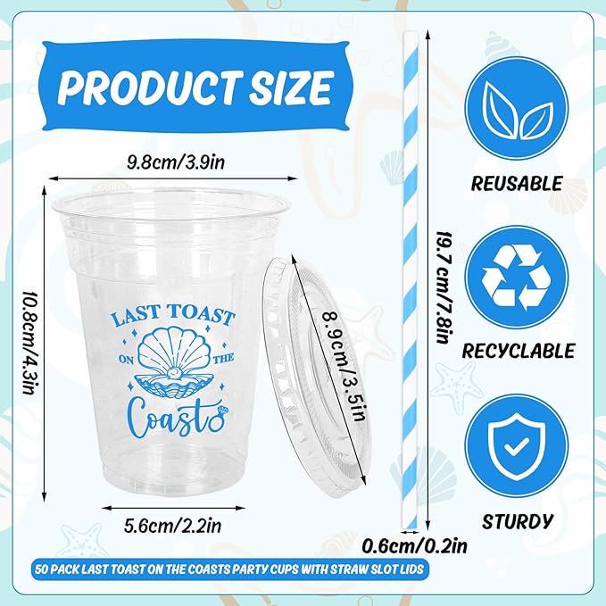 Whaline 50Pcs 12Oz Last Toast on The Coast Disposable Plastic Cups with Lids and Straws Blue Coastal Bachelorette Cold Beverage Drinking Cup for Beach Wedding Bridal Shower