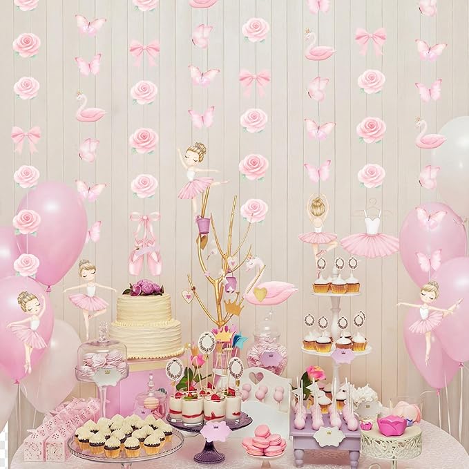 Daifunli 8 Pcs Ballerina Party Decorations Ballet Dancer Birthday Hanging Garlands Banner Pink Swan Rose Butterfly Paper Cutouts for Girls Wall Ceiling Decor Ballet Birthday Party Supplies