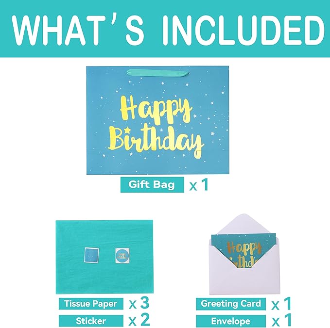 Qirrmiy 16.5” Extra Large Teal Blue Happy Birthday Gift Bag Set with Handles, Green Greeting Card, Tissue Papers and Stickers for Men Boys Women Girls Kids, Stars Design, 1 Pcs.