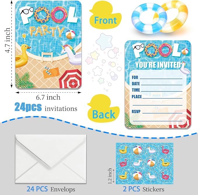 24 Pool Party Invitations with Envelopes and Stickers, Summer Birthday Swim Party Fill-In Invite Cards for Boys Girls, Splish Splash Pool Party Supplies Favors