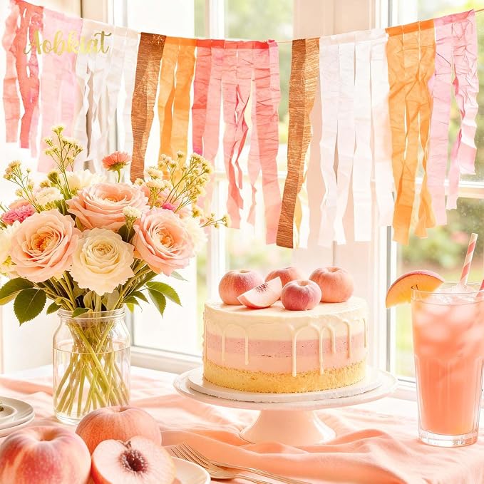 AOBKIAT Streamers Party Decorations,5 Rolls Pastel Pink Gold Orange Crepe Paper Streamers for Little Cutie Baby Shower,Brithday,Wedding,Peach Theme Party,DIY Tassel,1.8 Inch x 82 Ft/Roll