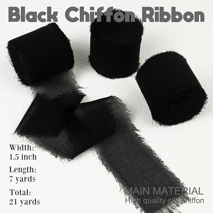 Black Chiffon Ribbon 1-1/2 Inch x 21Yards Handmade Fringe Chiffon Silk Ribbon Boho Frayed Ribbon Black Ribbon for Wedding Invitation, Bridal Flower Bouquets, Floral Arrangement, Gift Wrapping