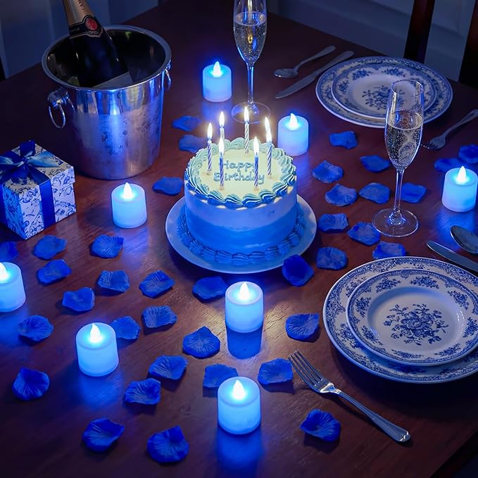 Blue Happy Birthday Balloons Decorations Happy Birthday Letter Balloons Banner Set with 24pcs Round Flameless LED Candles and 2000pcs Artificial Rose Petals for Women Men Room Party Decor