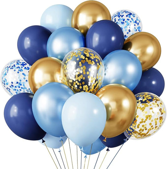 RUBFAC Navy Blue Gold Balloon, Party Balloons Pastel Blue Metallic Confetti for Birthday Wedding Bridal Baby Shower Graduation Party Supplies, 65pcs 12 Inches