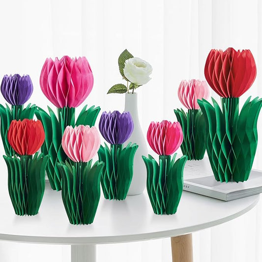 SUNBEAUTY 8 PCS Tulip Honeycomb Decorations, Spring Decorations for Office, Spring Table Decor, Red Tulip Honeycomb Flower Decorations Spring Centerpieces for Tables Mother Day Spring Party Womens Day