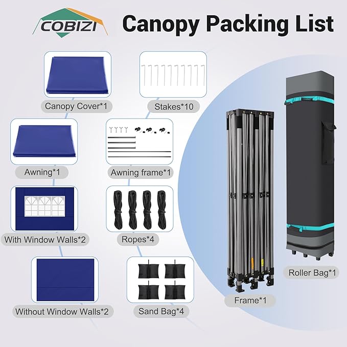 COBIZI 10x20 Pop Up Canopy Tent Heavy Duty with Sidewalls, Outdoor Commercial Canopy with Awning, Waterproof&45 SF Extended Awning, Vendor Tent for Market, Party Events, Dark Blue