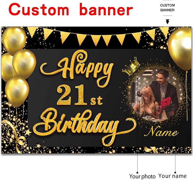 Custom Happy 21st Birthday Decorations Banner - 21 Years Old Birthday Decorations Backdrop for Women, Men, Boys & Girls - Personalized Happy Birthday Party Decorations Supplies - Black & Gold