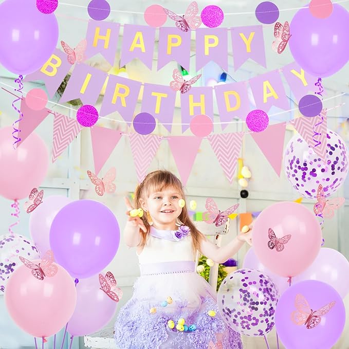 Purple and Pink Birthday Decorations, Happy Birthday Banner and Purple Pink Balloons, Butterfly Stickers with Circle Dot Paper Garland, Bunting Banner, for Party Decorations