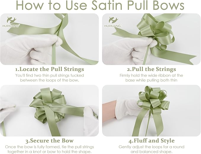 HUIHUANG Sage Green Bows for Gift Wrapping 12 PCS Satin Pull Bows 4" x 8" Dusty Sage Gift Bow for Presents, Gift Basket, Paper Bag, Wrapping Accessories, Bridal Shower Wedding Favors