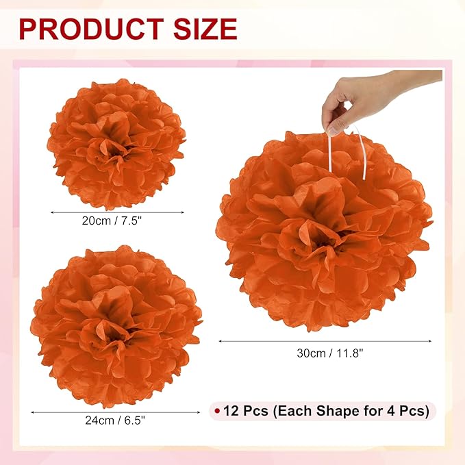 PATIKIL 8" 10" 12" Tissue Paper Pom Poms, 12PCS Pom Poms Paper Flowers Ball Tissue Paper Flowers Assorted Size for Wedding Bridal Shower Birthday Party Backdrop Decoration, Orange Red