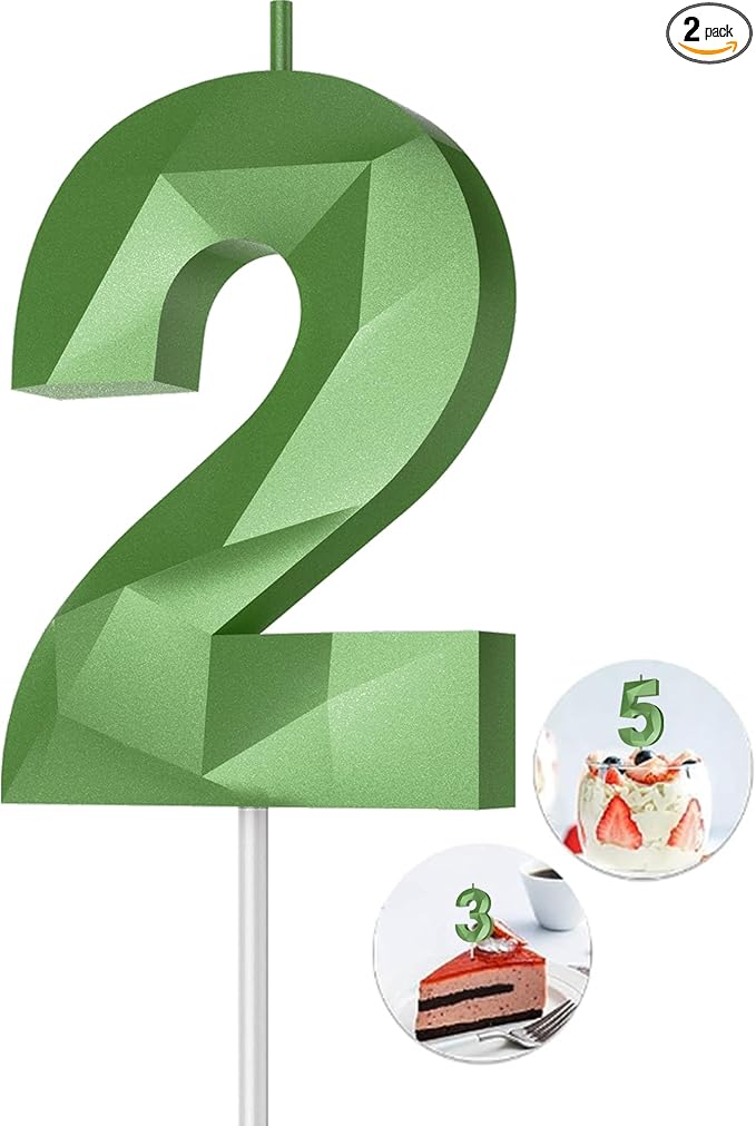 Number Birthday Candles(2 Candle Green) 3D Diamond Shape Number Happy Birthday Cake Candles for Birthday Party Wedding Decoration Reunions Theme Party