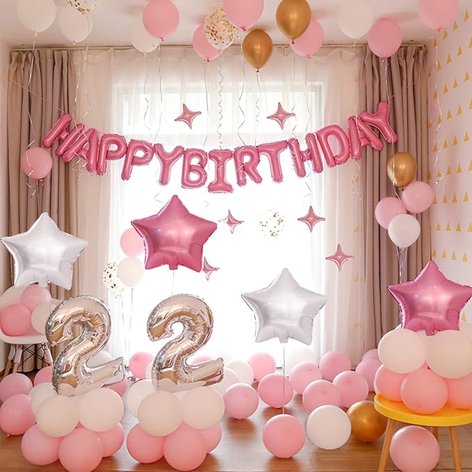 CANREVEL Happy Birthday Banner 13pcs 16 Inch Mylar Foil Letters with 12pcs Star Balloons Birthday Party Decorations for Kids and Adults - 3D Pink