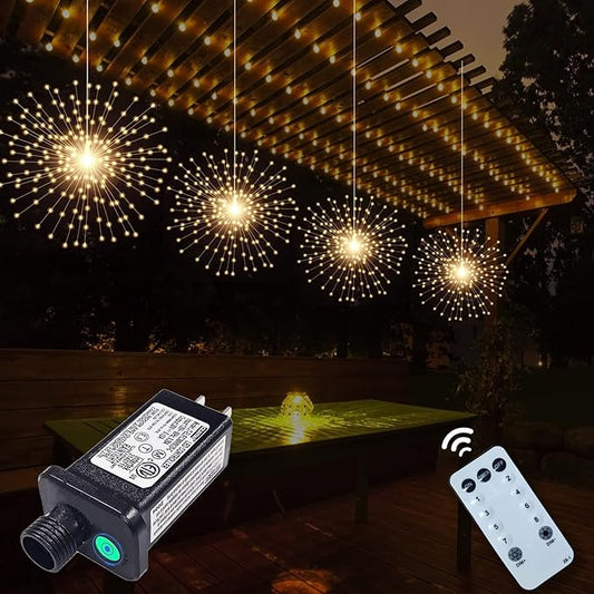 SHUKAN 4 Pcs 800 LED Plug-in Starburst Sphere Lights, Firework Light 8 Modes Dimmable Remote Control Waterproof Hanging Fairy Light, Copper Wire Lights for Patio Party Tent Christmas (Warm White)