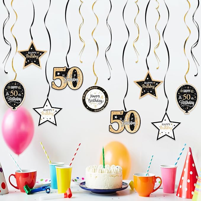 Happy 50th Birthday Black & Gold Glitter Swirls Streamers Party Decorations - 15 Pcs 50th Birthday Hanging Swirls Streamers Kit,Cheers to Fifty Years Old Bday Party Sign.