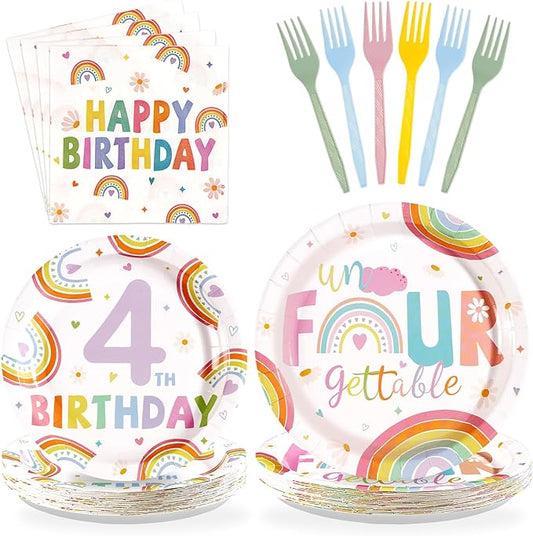 96Pcs Boho Rainbow 4th Birthday Decorations Pastel Rainbow Birthday Plates and Napkins Colorful Un Four Gettable Decoration Favors for Kids Girls 4 Years Old Bday Princess Party Supplies Serves 24