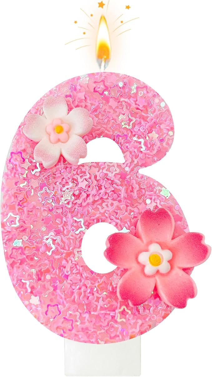 Pink Flower Birthday Candle,Number Birthday Candles for Cake, Ideal Birthday Parties Cake Decor, Wedding Anniversary and Other Celebrations (Number 6, Pink)