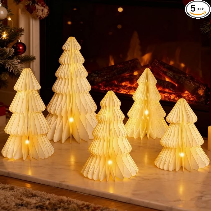 Christmas Table Decorations Indoor, 5 Pcs Large White Honeycomb Paper Christmas Trees, Vintage Light Up Table Centerpieces for Xmas Winter Wonderland Holiday Party Weddings Home Decor, 12/14/16 Inch