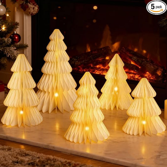 Christmas Table Decorations Indoor, 5 Pcs Large White Honeycomb Paper Christmas Trees, Vintage Light Up Table Centerpieces for Xmas Winter Wonderland Holiday Party Weddings Home Decor, 12/14/16 Inch