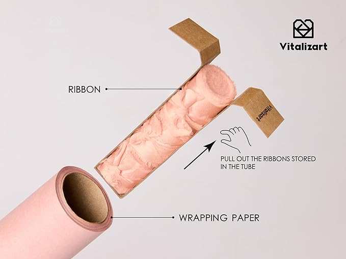 Vitalizart Pink Wrapping Paper Set 17" Pearly-Lustre With Silk Like Satin Ribbon & Gift Tags Recyclable Christmas Gift Wrapping Birthday Baby Shower Wedding Handmade Crafts 197"(16.4 Ft)