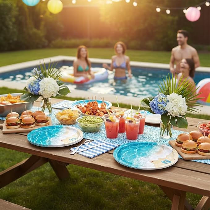 umoni Ocean Waves Plates Summer Beach Birthday Supplies 48 Piece Pool Party Disposable Paper Plates Blue Beach Waves Table Decor for Hawaiian Seaside Holiday Birthday Party Decorations