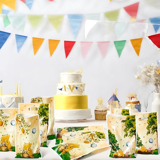 Cute Winnie Party Favor Bags - 50PCS Vintage Winnie Plastic Gift Bags with Handle Cute Winnie Baby Shower Party Favors Gift Bag Winnie Themed Birthday Parties Candy Decoration Bags