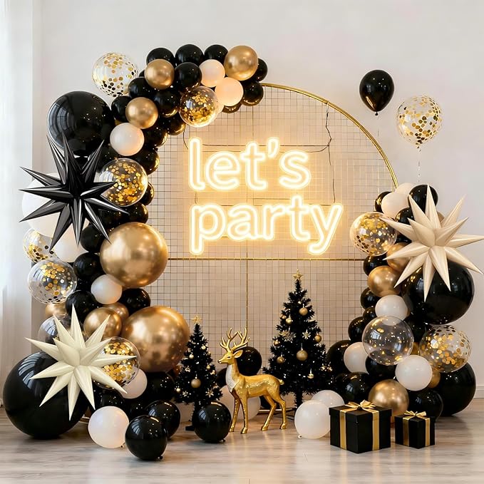 Black White Gold Balloons Arch Kit,Black Beige Sand White Chrome Gold Confetti Balloons Garland Kit with Exploding Star Balloons for New Year Graduation Retirement Birthday Wedding Party Decorations