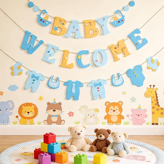 SUNBEAUTY Boy Baby Shower Decorations Welcome Baby Felt Banner Blue Boy Baby Bodysuit Banner with DIY Felt Balls Welcome Baby Sign for Gender Reveal Birthday Baby Shower Neutral Party Nursery Decor