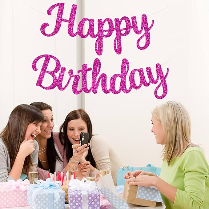 BEISHIDA Happy Birthday Banner - NO DIY,Rose Red 10Feet Pre-Strung-Glitter Birthday Sign Garland Backdrop Decorations for Women men Party