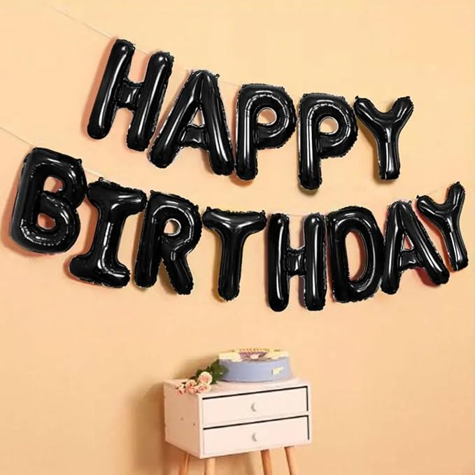 Happy Birthday Balloon Banner Black Silver, 16 Inch Mylar Foil Letter Balloons, Reusable Birthday Decorations with Black and Silver Balloons, Inflatable Party Supplies for Women Men Boys Girls Decor